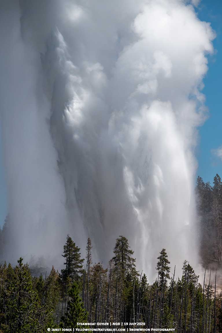 Photo of Steamboat Geyser's eruption part way through the 33 minute water phase on 19 July 2020